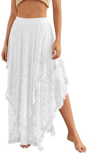 YKR Womens Lace Long Skirts Elastic Asymmetrical Layered Hem Sexy See-Through Flowy Skirts Floral Beach Maxi Skirt White M