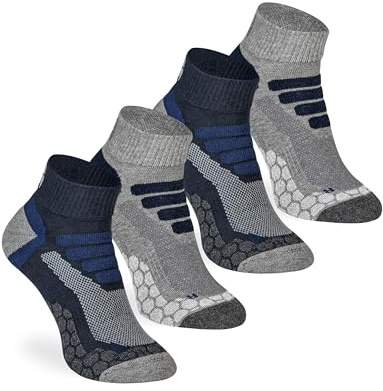 Flerstrumpa 4 par korta vandringsstrumpor sneakers – utomhus vandring vandring – anti-bubbelstoppning – fullfrotté skydd för män och kvinnor Coolmax allväder, 4 par (grå/blå), 45-47 EU