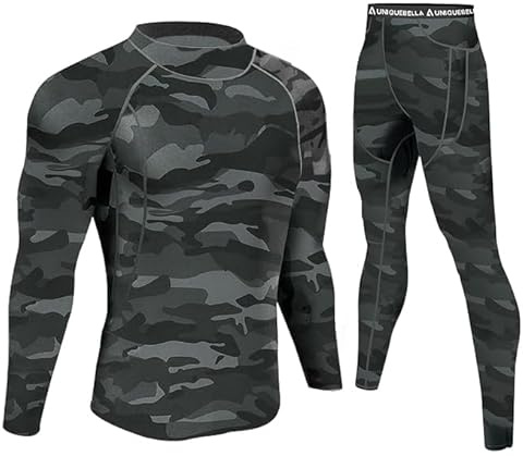 UNIQUEBELLA Set di biancheria intima termica da uomo a maniche lunghe con maglie a collo alto, pantaloni lunghi Johns termici, strato base inferiore foderato in pile ad asciugatura rapida, L
