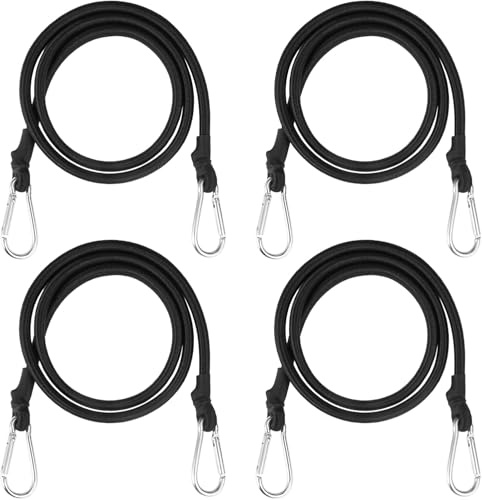 1M Long Bungee Cords with Carabiner Clips 4PCS Carabiner Bungee Cord | Heavy Duty Elastic Bungee Straps with Carabiner Hooks, Durable Black Straps for Camping, Tarps, Bike Rack, Tent Car,Roof Rack
