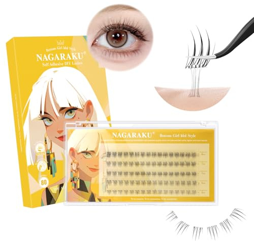 NAGARAKU Manga Selbstklebende Unterwimpern 80 Fans B Curl 5-8mm Schwarz | Manga Look, Ein-Schritt-Anwendung Ohne Kleber & Entferner Wiederverwendbar Weich 0.07mm Dünnes Band Volumen Alltags Effekt