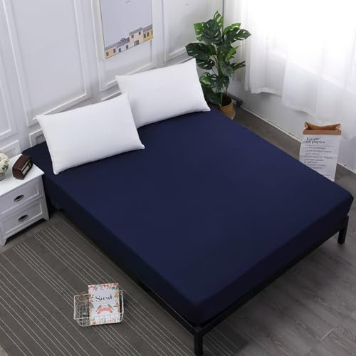 Sábana bajera ajustable de 120 x 200 cm, 28 cm de alto, color azul marino, liso, impermeable, con goma elástica