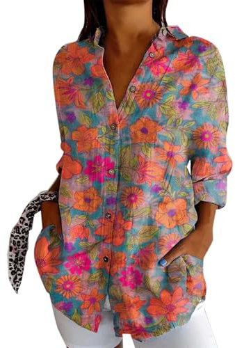 Chemisier Femme Manche Longue à Boutons imprimé Ethnique Chemise bohème pour Femme d'été Blouse Femme Long col en v Exotique Tunique Ample Fluide Chic Casual Vintage Folklore (Watermelon Red, M)