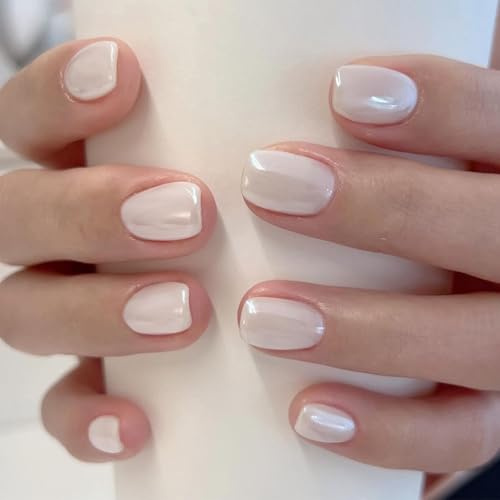 French False Nails - White Press On Nails - 24PCS Aurora White Acrylic Short Stick on Nails with Glue - Full Cover Square Fake nails for Women DIY Manicure