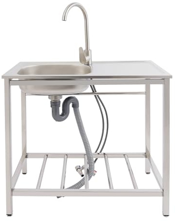 Freistehende Edelstahl Spültisch, Spülbecken Küche Gewerbliche Spülbecken mit Wasserhahn Mobile Spüle Einzelbecken Für Den Innen- Und Außenbereich, Garagen, Außen Innen, Wäsche