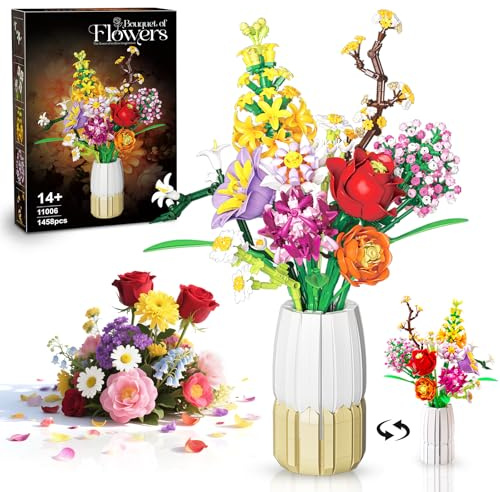 kiothdre Kit Construction Bouquet de Fleur pour Adulte Femme avec Vase, Kit Blocs Botanique Botanical Fleurs Artificielles pour Décoration Maison & Bureau, Cadeau Noël, Anniversaire, Saint Valentin