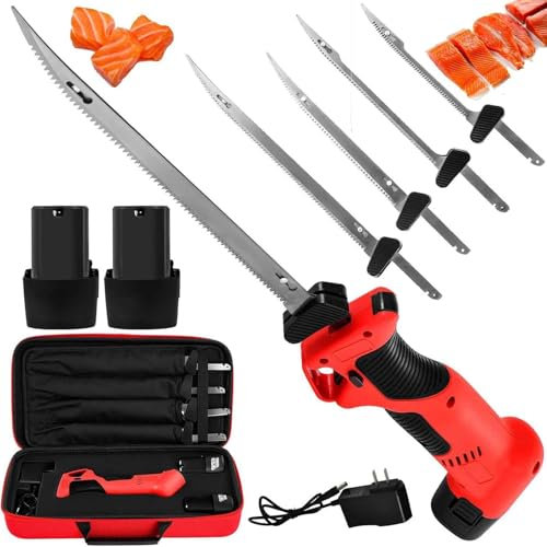 Cuchillo eléctrico inalámbrico for filetear,cuchillo de filar con 4hojas recíprocas antiadherentes recubiertas de nitruro de titanio y acero inoxidable,velocidad variable continua,bloqueo de seguridad