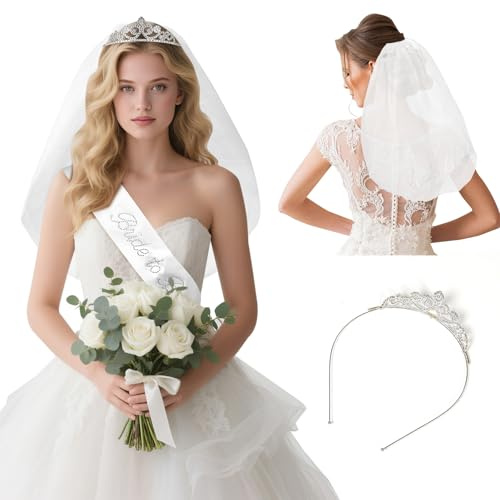 Biubumtu 3PCS Bride Decorations Set – Satin Bride Sash, White Veil with Embroidered Letters, Silver Tiara Headband– Elegant Bridal Accessories for Wedding, Bachelorette Party