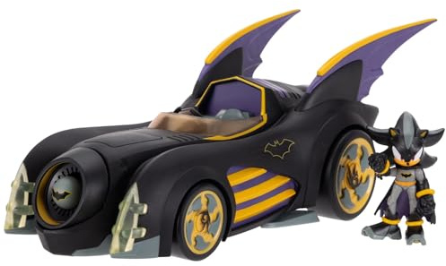 DC x Sonic Shadow als Batman mit 6 cm Batmobil-Actionfigur, offiziell lizenziert von Jakks Pacific, interaktives Fahrzeug mit Projektilabschuss und drehbarer Turbine