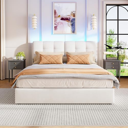 FOERPL Letto capitonné 160x200 con contenitore, letto contenitore con LED e schienale quadrato morbido, letto matrimoniale imbottito in tessuto velluto con telaio a doghe, senza materasso (Beige D