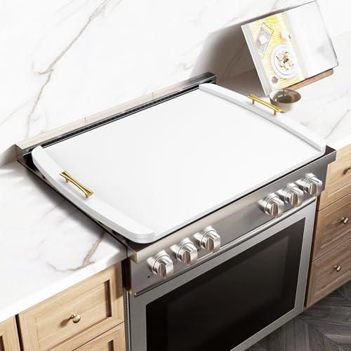 BYMTR Noodle Board Stove Cover - Stove Top Covers with Handles for Gas Electric Stove - Wooden Range Covers Protector for Stovetop Sink Oven RV Serving Tray - 29.3x22 (White)