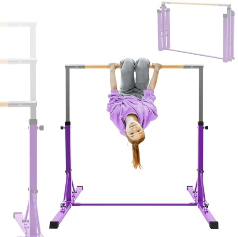 Hauki Barra de Gimnasia Artística Horizontal para Niños, Púrpura Equipo de Entrenamiento Infantil Plegable Base Estable Altura Teléscopica 95,5-150cm Madera/Acero Ejercicios en Casa Interior/Exterior