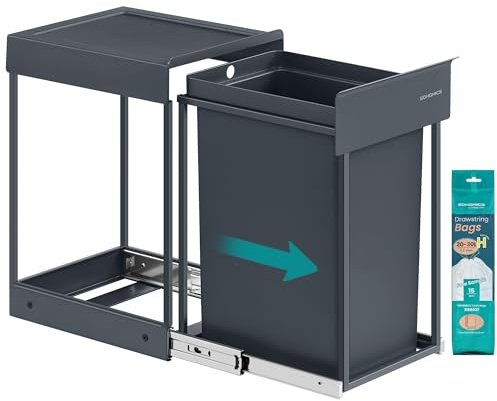 SONGMICS Selektiv sorteringsbehållare, utdragbar kökssoppa, 1 20 l hink, mjuk glidning, stålstruktur, ABS-lock, grå LTB920GZ01