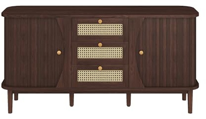 vutizal Buffet de 140 cm de large en noyer et blanc, commode avec tiroirs en rotin et portes coulissantes, convient pour la famille avec pieds en bois massif