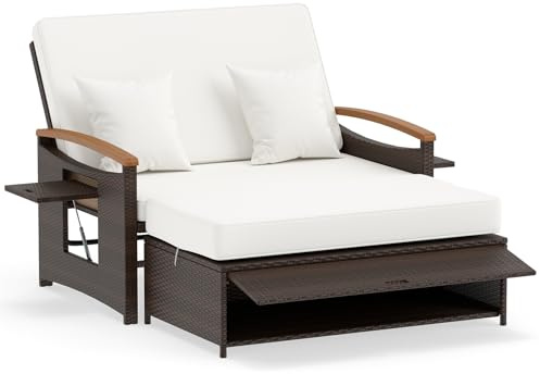 LIFEZEAL Lounge Outdoor, Doppelliege mit Liegefunktion, Rattan Tagesbett Sonnenliege mit Verstellbarer Rückenlehne, 2-Sitzer Gartensofa mit Seitentisch & Ottomane, bis zu 360kg (Mix Braun+Beige)