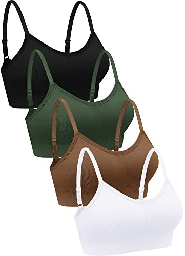 Geyoga 4 Pieces Neck Bralettes Wireless Cami Bra Tank Top Sports Bra for Women Girls(X-Large,Black, Light Brown, Dark Green, White)