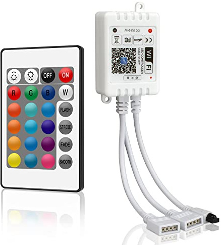 VIPMOON LED Controller 24v, WiFi Controller IR 4 PIN RGB Fernbedienung mit 24 Tasten LED Steuerung 12v mit Alexa und Google Home für RGB Strip 2835 5050 Streifen 20 Dynamische Modi(2 Port)