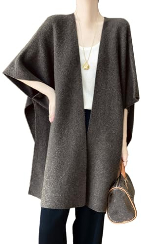 Ailaile 100% lana merino scialle avvolgere donna lavorato a maglia poncho mantello cardigan autunno inverno allentato aperto maglione cappotto, Marrone moka, taglia unica