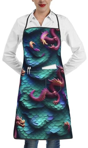 Yyoretp Unisex-Schürze mit magischem Drachenschuppen-Muster, verstellbare Schürze mit Tasche zum Kochen, Backen, Küche, Koch, Gartenarbeit, weiß, One size