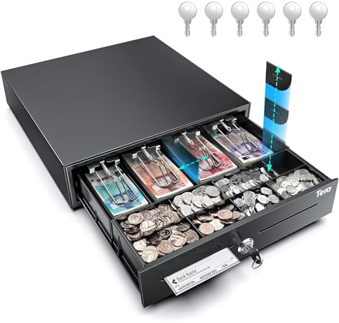 Tera Adjustable Cash Register Drawer 16: 4 Bill 8 Coin Tray with Removable Dividers 6 Keys Auto Open Key-Lock RJ12 Interface Media Slot for POS System Retail Business M415