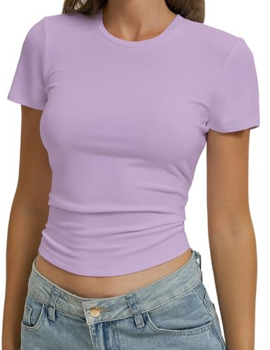 OYIGELZ Damen T-Shirt Basic Kurzarm Rundhals Slim Fit Oberteile Casual Y2K Crop Top Frauen Shirts