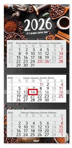 Timr calendrier 3 mois 2026 - calendrier mural 3 mois avec curseur - 70 cm calendrier trois mois multilingue D/GB/F/ES I Motif Café Coffee Café I tr333