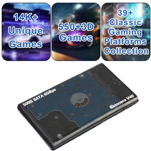 Portable retro Game Emulator Console Batocera v40 500GB-Boot-setting enabled Plug & Play Game System Bulit In-14.5K+Games 550+ 3D No Dupes 39 Systems USB3.1for PC/Laptop/WinPC