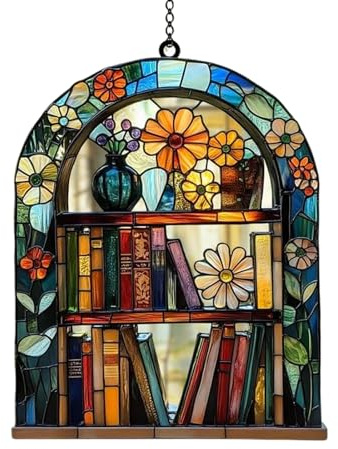 Book Suncatcher, Gifts for Book Lovers, Books Shelf Decor, Acrylic Hanging Ornaments with Stained Glass Effect, Unique Books Tree Ornament for Home Decor and Reading Nooks