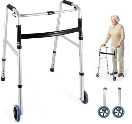 GreenWhim Folding Aluminium Walking Frame with 2 Wheels Lightweight Zimmer Walker Adjustable Height One-Button Fold Mobility Aid