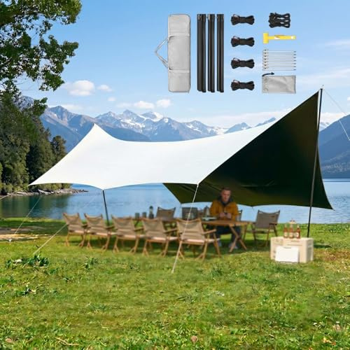 Large Waterproof Tent Canopy, 4.4x4.5m Camping Tarp Shelter With 2 Poles, Portable Outdoor Sun Shade Awning, Heavy Duty Rain Cover For Park Picnic(Gold,4.4x5.6m)