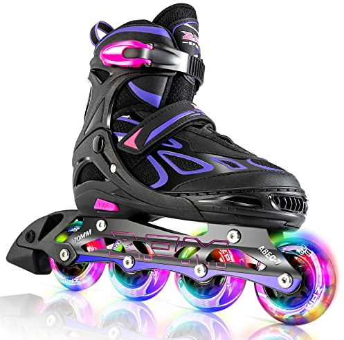 2PM SPORTS Vinal Girls Adjustable Inline Skates with Light up Wheels Beginner Skates Fun Illuminating Roller Skates for Kids Boys and Ladies… (Violet & Magenta, Large - Youth (4Y-7Y US))