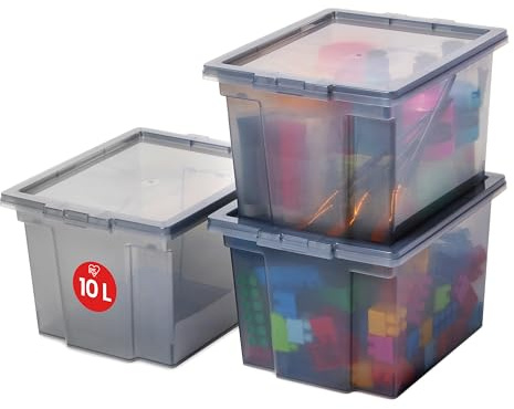 Iris Ohyama Vielseitige Aufbewahrungsbox mit Deckel, Stapelboxen, 10L, 3er-Set, Grau, Stapelbar, Plastik, Für Schrank, Regale, Organisation, Kleidung, Bettlaken, Plastikbox mit Deckel, USB-S
