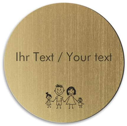 Rundes Türschild in Messing-Optik mit personalisierter Gravur - Ø 100 mm, gold-metallic/schwarze - Klingelschild, Namensschild mit eigenem Text