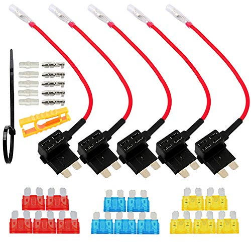 QitinDasen 5Pcs Premium 12V / 24V Medium Add-a-Circuit Sicherungshalter, Klinge Sicherungshalter, KFZ Sicherung Tap, Flachsicherungsadapter mit 15Pcs Standard Blade Sicherung
