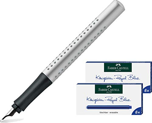 Faber-Castell Füller Grip 2011 M silber matt + 2x Großraum Tintenpatronen (= 10 Stück)