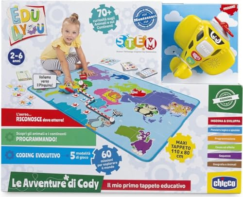 Chicco Tappeto Gioco Bambini Educativo Le Avventure di Capitan Cody Edu4You, Introduce alla Programmazione e al Coding, Tappeto Cameretta Bambini Morbido, Maxi 110x80 cm - Giochi Bambini 2-6 Anni