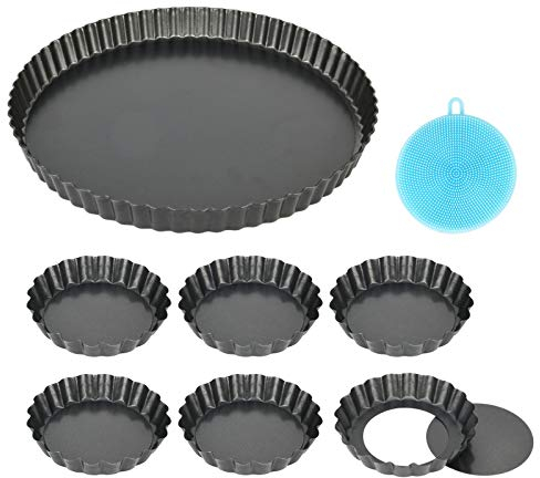 Highkit 7 Stück Tarteform mit Hebeboden, Antihaftbeschichtung Quicheform Klein 10 cm / 4 Zoll X6 und 28 cm / 11 Zoll X1 Rund Pie Form, Tartelette Förmchen aus Kohlenstoffstahl (10cm×6+28cm×1)