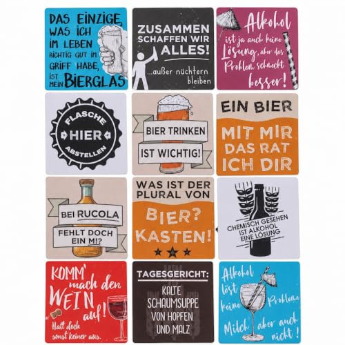 12 Stück Set Glas-Untersetzer mit Korkboden und witzigen Slogans, Korkuntersetzer Getränkeuntersetzer 9,5 x 9,5 cm