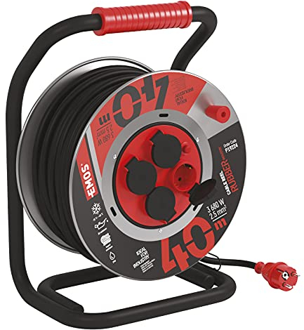 EMOS - Kabeltrommel 40m aus Stahlblech - 4 Schuko-Steckdosen - wasserdicht, schlagfest, öl- & witterungsbeständig - 230 V, 16 A, 3680 W - Gummi-Isolierung - H07RN-F 2,5 mm2 - IP44 für Außenbereich