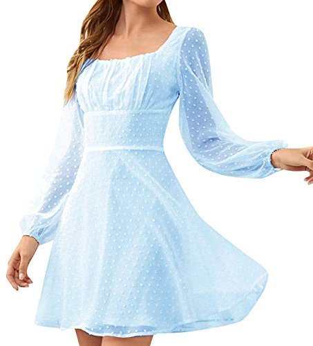Masrin Skaterkleid Damen Elegantes modisches einfarbiges Jacquard Chiffon-Kleid A-Linien-Kleid mit eckigem Kragen und Langen Ärmeln Swingkleid mit hohem Bund und Patchwork Minikleid Party Kleid