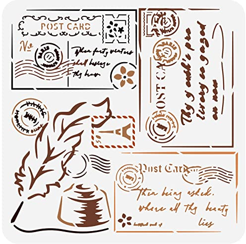 FINGERINSPIRE Postkarten Schablone 30x30cm Französische Schrift Vorlage Kunststoff Feder Tintenfass Umschlag Poststempel Muster Schablone Französisches Thema für Malerei auf Wänden Möbel Umschläge