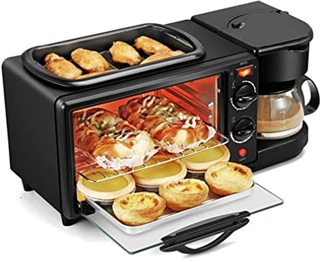 Máquina de estación de desayuno 3 en 1 de tamaño familiar, cafetera de goteo de 600 ml, plancha antiadherente, horno tostador de 9 l para bocadillos de desayuno, sándwiches, refrigerios saludables o p