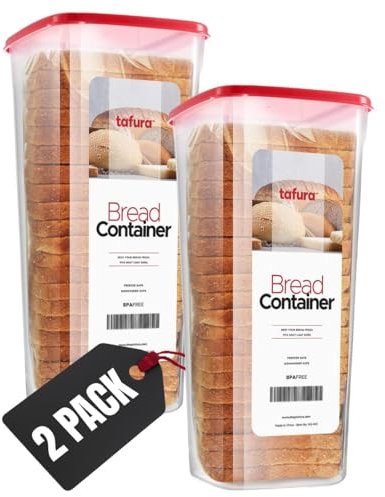 Tafura Bread Container [Pack of 2] Bread Storage Container | Plastic Bread Box | Bread Loaf Keeper with Red Lid | Bread Saver Dispenser, BPA Free