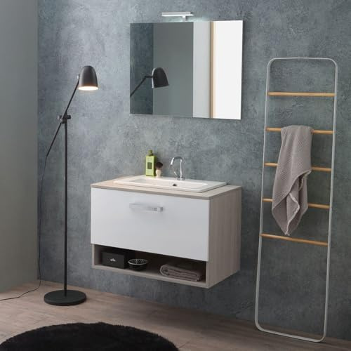 Kiamami Valentina - Arredo bagno sospeso 80cm rovere grigio con frontale bianco e lavabo soprapiano Lotto
