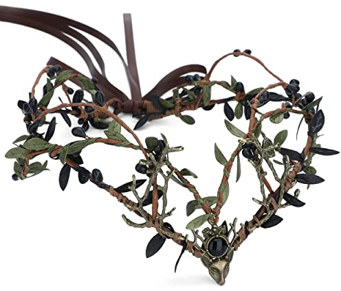 MOSTORY Dunkelgrüne Krone Kopfschmuck Waldelfe Stirnband für Damen Feenwald Kreis Tiara mit Bronze-Hirschgeweih Halloween Renaissance Mutterschaft Cosplay Kostüme Haarschmuck