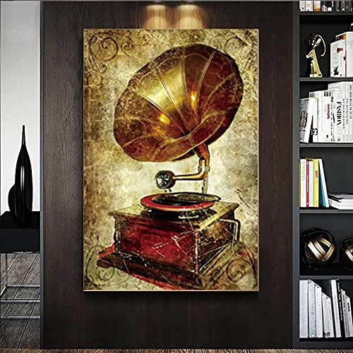 KDXAOBEI Wandkunst, Leinwandgemälde, Vintage-Stil, antikes Grammophon, Retro-Kunsthandwerk, Metallwandbild, Bar, Kaffee, Dekoration, Bild, 30 x 40 cm (12 x 16 Zoll), mit goldenem Rahmen