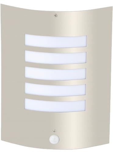 Lightbox Außenwandlampe | 29 x 23 x 9 cm | moderne Outdoor Wandleuchte mit Bewegungsmelder & Lochstreifen | für die Hauseingang | IP44 | E27 Fassung, max. 60 W | aus Metall/Kunststoff in Edelstahl