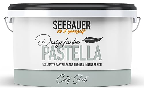 SEEBAUER diy Pastellfarbe PASTELLA Grau 2,5L (Cold Steel) Edelmatte Wandfarbe Grau Blau - Innenfarbe sehr hohe Deckkraft - Matt, Abwaschbar und Tropffrei