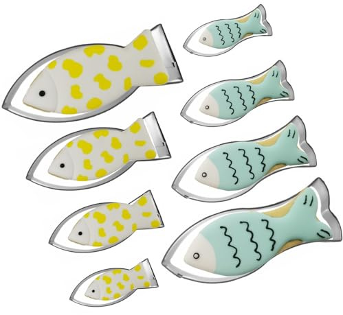 Large Size Jesus Fish Shaped Cookie Cutter Set of 8 pcs, Stainless Steel Fondant Cutters, 4 pcs Fork Tail + 4 pcs Flat Tail, 5.3/4.6/3.5/2.8 inches