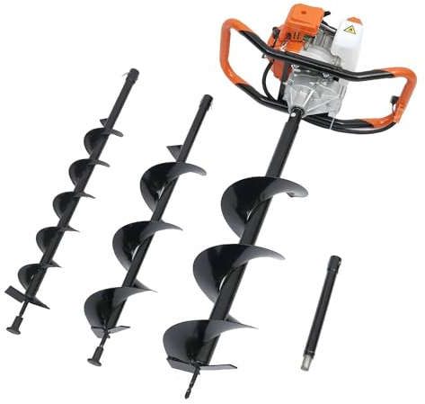 GBHJJ 52CC 2-Takt Benzin-Erdlochbohrer, Handheld Zaunpfosten, Erdlochbohrer, 3 Bohrer Durchmesser (100, 150, 200 mm), Sicherheitsausrüstung, Pfostenwaage und Verlängerung